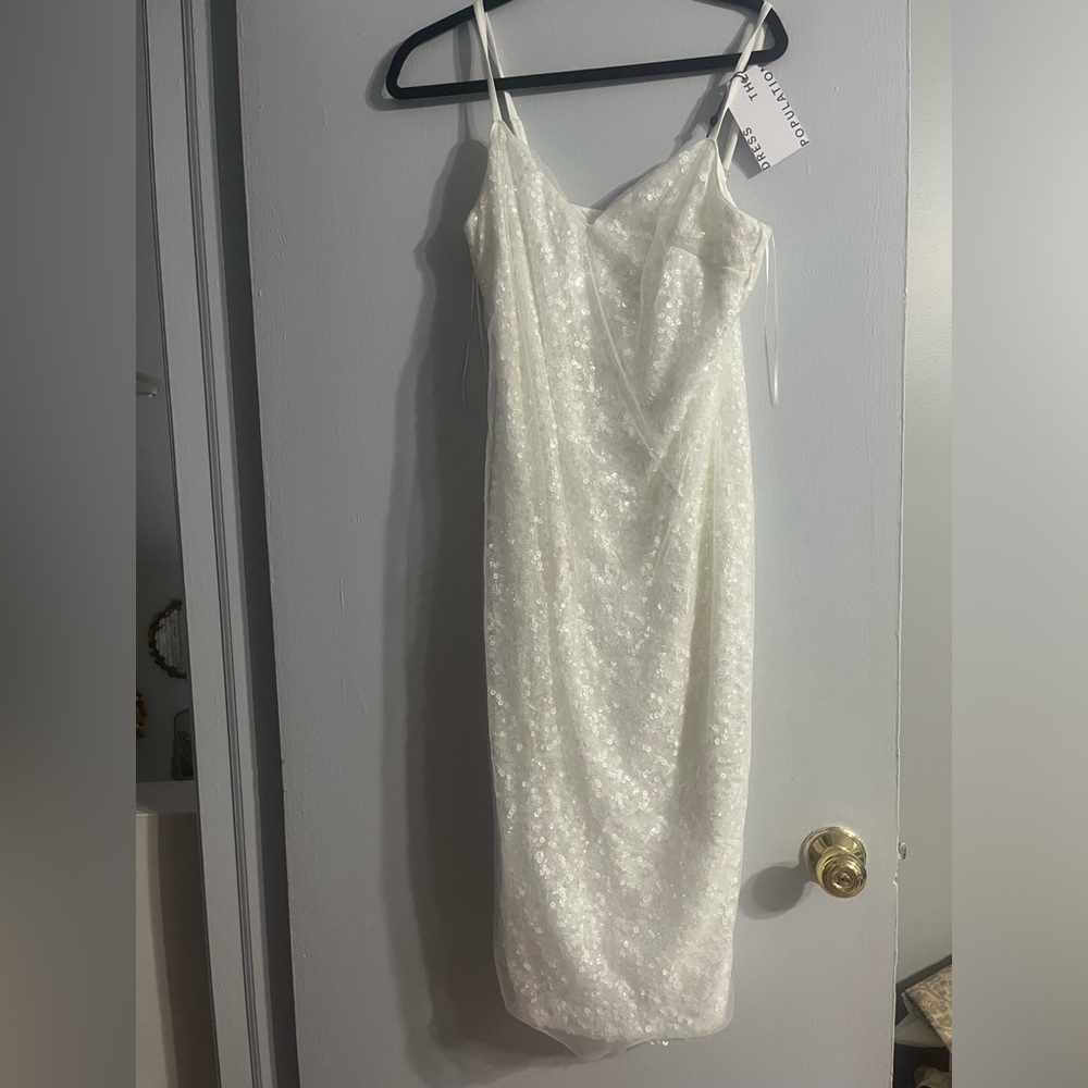 Dress the population white sequin midi dress.